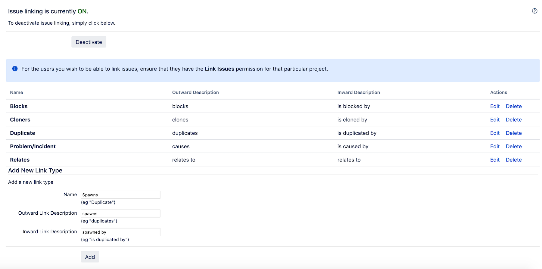 Creating issue link types