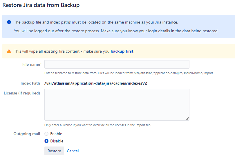 Restore Jira Data from Backup